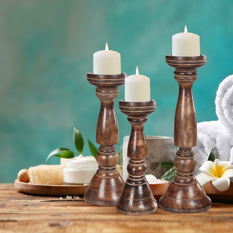 Light & Pro Farmhouse Wood Pillar Candle Holders Set of 3 - Tall Rustic Candle Holders for Home Decor, Centerpieces, and Weddings, Heights: 16", 14", 12" - Natural Burnt - Image 3